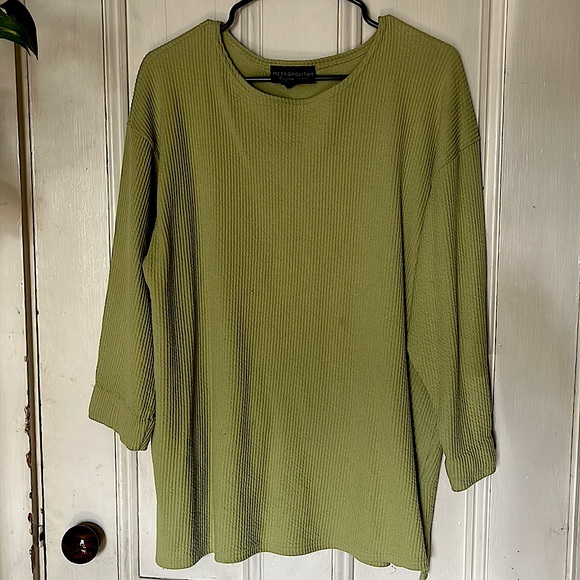 METROPOLITAN NY Vintage Chartreuse Ribbed Oversized Loose Long Sleeve Tunic Top - Picture 1 of 2